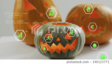 Displaying greenish-gray pumpkin glowing on table hex HUD icons floating orange pumpkins code text Displaying greenish-gray pumpkin glowing on table hex HUD icons floating orange pumpkins code text 140123771