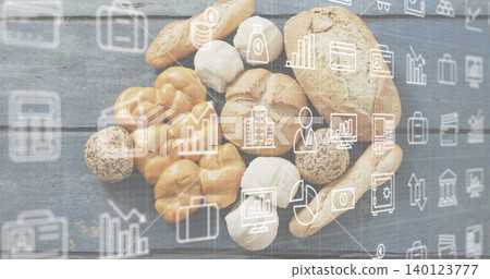 Showing braided roll buns seeded roll baguette oval loaf on bakery table with business icons Showing braided roll buns seeded roll baguette oval loaf on bakery table with business icons 140123777