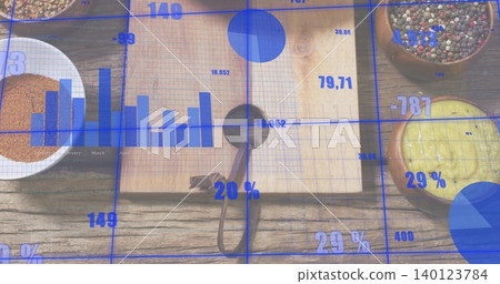 Showing cutting board with metal spoon and three bowls on wooden tabletop with blue data overlay Showing cutting board with metal spoon and three bowls on wooden tabletop with blue data overlay 140123784