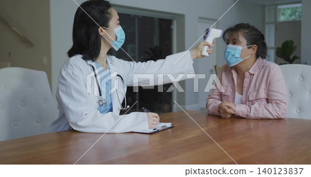Measuring clinician in white coat, mask checking patient temp at wooden table, with IR thermometer Measuring clinician in white coat, mask checking patient temp at wooden table, with IR thermometer 140123837