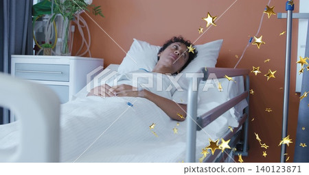 Lying mature woman resting on hospital bed at ward, wearing hospital gown, showing IV line Lying mature woman resting on hospital bed at ward, wearing hospital gown, showing IV line 140123871