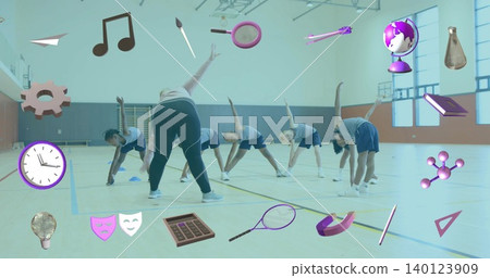 Leading coach in leggings guiding students side reach at school gym, with cones and purple icons Leading coach in leggings guiding students side reach at school gym, with cones and purple icons 140123909