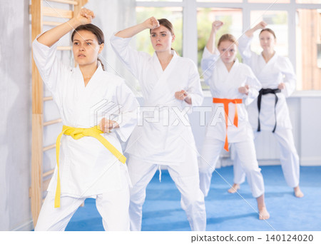 Teenage girls in kimono doing kata training Teenage girls in kimono doing kata training 140124020