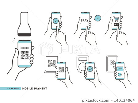 智慧型手機付款/無現金支付圖示集（二維碼、NFC、非接觸式支付）- 淺藍色套裝 140124064