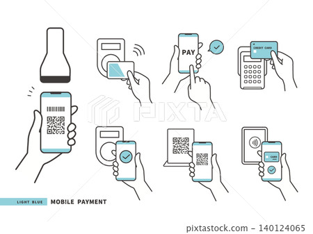 Icon set for cashless payments and credit card payments (smartphone, QR code, contactless payment) - light blue set Icon set for cashless payments and credit card payments (smartphone, QR code, contactless payment) - light blue set 140124065