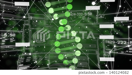 Showing stylish green DNA helix of circular nodes in virtual interface, with circuit traces, labels Showing stylish green DNA helix of circular nodes in virtual interface, with circuit traces, labels 140124082