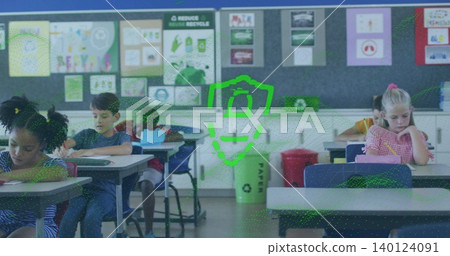 Writing students wearing short sleeves and patterned dresses in classroom, with recycling bin Writing students wearing short sleeves and patterned dresses in classroom, with recycling bin 140124091