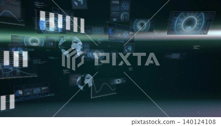 Floating holographic UI panels hovering above planetary horizon, displaying globes, charts, radars Floating holographic UI panels hovering above planetary horizon, displaying globes, charts, radars 140124108