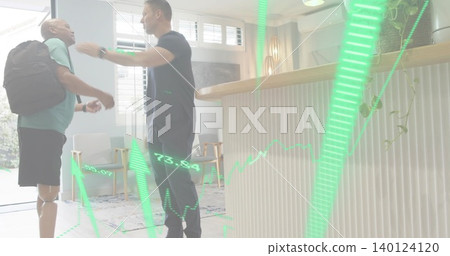 Greeting scrub staff reaching teal-polo patient with prosthetic leg in reception, green overlay Greeting scrub staff reaching teal-polo patient with prosthetic leg in reception, green overlay 140124120