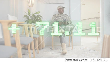 Sitting soldier in camo uniform and cap holding phone in waiting room, showing prosthetic +71 Sitting soldier in camo uniform and cap holding phone in waiting room, showing prosthetic +71 140124122