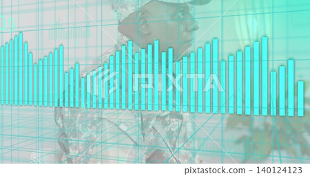 Viewing soldier wearing camouflage and patrol cap in command display with cyan bar columns and grid Viewing soldier wearing camouflage and patrol cap in command display with cyan bar columns and grid 140124123