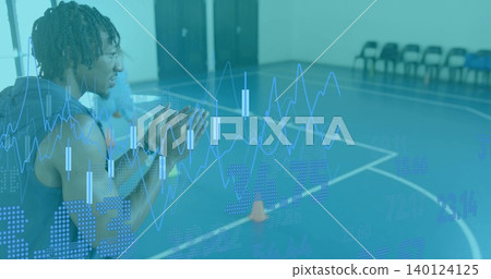 Clapping athlete in sleeveless top, leaning at gym court with cone and charts overlay, copy space Clapping athlete in sleeveless top, leaning at gym court with cone and charts overlay, copy space 140124125