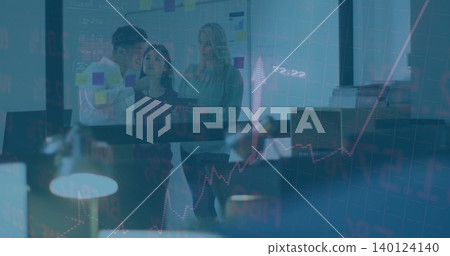 Planning three staff in business attire reviewing sticky notes on glass at office, tablet and lamp 140124140