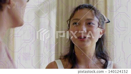 Talking Chinese woman facing left by cream curtains, wearing scarf, white tank top, purple overlay Talking Chinese woman facing left by cream curtains, wearing scarf, white tank top, purple overlay 140124152