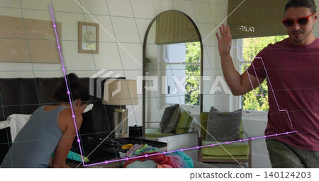 Sorting woman gray top pulling clothes from bag on bed, man maroon shirt waving, shades, tracking Sorting woman gray top pulling clothes from bag on bed, man maroon shirt waving, shades, tracking 140124203