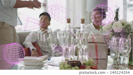 Showing tabletop with empty flutes corked bottles flowers wrapped gifts AR overlays in living room Showing tabletop with empty flutes corked bottles flowers wrapped gifts AR overlays in living room 140124204
