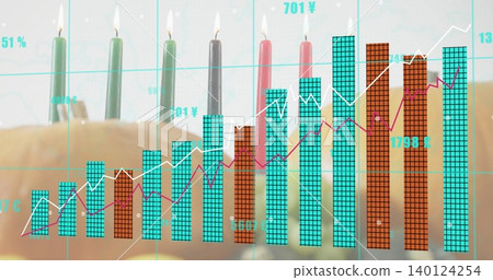 Showing frosted cake topped by seven lit candles on tabletop, bar chart overlay with cyan grid 140124254