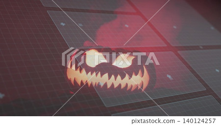 Glowing carved jack-o'-lantern emitting orange light on grid, with UI panels and red-pink smoke Glowing carved jack-o'-lantern emitting orange light on grid, with UI panels and red-pink smoke 140124257