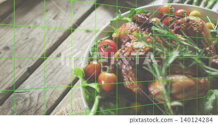 Resting roasted chicken sitting on white bowl on wooden table, with salad, rosemary and green grid Resting roasted chicken sitting on white bowl on wooden table, with salad, rosemary and green grid 140124284