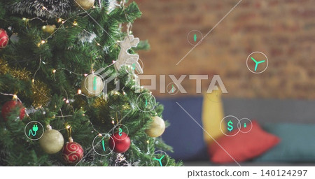 Displaying decorated evergreen tree glowing with warm lights in living room, with green AR icons Displaying decorated evergreen tree glowing with warm lights in living room, with green AR icons 140124297