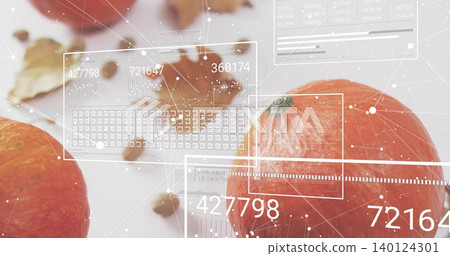 Showing large orange pumpkin right on studio table, displaying AR frames, numbers, dried leaves Showing large orange pumpkin right on studio table, displaying AR frames, numbers, dried leaves 140124301