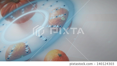 Displaying small orange pumpkins resting on studio tabletop, with cyan-blue ring and arrow markers Displaying small orange pumpkins resting on studio tabletop, with cyan-blue ring and arrow markers 140124303