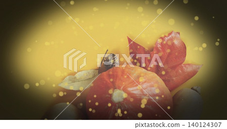 Displaying small decor gourd resting on studio table, red maple leaf, pale leaf, pine cone, bokeh Displaying small decor gourd resting on studio table, red maple leaf, pale leaf, pine cone, bokeh 140124307