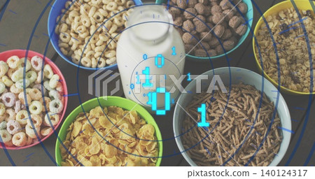 Sitting central glass milk bottle surrounded by cereal bowls on dark tabletop, with binary overlay Sitting central glass milk bottle surrounded by cereal bowls on dark tabletop, with binary overlay 140124317