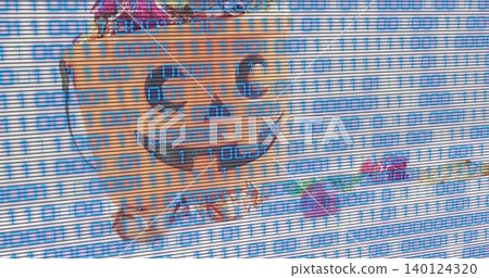 Displaying orange character wearing pink crown on metal shutter, showing blue binary overlay Displaying orange character wearing pink crown on metal shutter, showing blue binary overlay 140124320