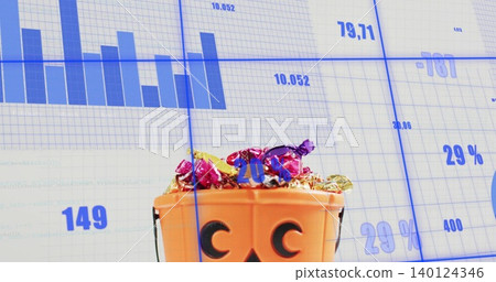 Showing small orange jack-o-lantern bucket on studio tabletop, holding foil candies amid blue chart Showing small orange jack-o-lantern bucket on studio tabletop, holding foil candies amid blue chart 140124346