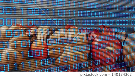 Row of yellow chicken figures sitting on narrow ledge by metal shutter with blue binary overlay 140124362