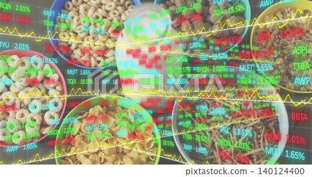 Displaying overhead cereal bowls and clear milk jug at breakfast table, showing market data overlay Displaying overhead cereal bowls and clear milk jug at breakfast table, showing market data overlay 140124400