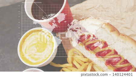 Presenting plated meal with hot dog, fries, wrap and cups on tabletop in cafe, map overlay Presenting plated meal with hot dog, fries, wrap and cups on tabletop in cafe, map overlay 140124401