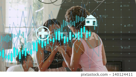 Gathering group discussing money at home in casual clothes with charts, medical and house icons Gathering group discussing money at home in casual clothes with charts, medical and house icons 140124411