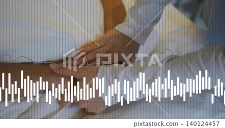 Resting Korean pair in white long sleeves holding hands on bedding showing waveform and ruled lines Resting Korean pair in white long sleeves holding hands on bedding showing waveform and ruled lines 140124457