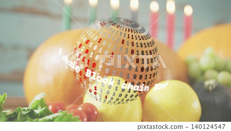 Floating digital sphere showing Blockchain binary code above wooden tabletop, lemons grapes candles Floating digital sphere showing Blockchain binary code above wooden tabletop, lemons grapes candles 140124547