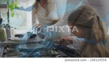 Pouring woman in longsleeve pouring bowl into pan on gas stove at home, child watching right 140124559