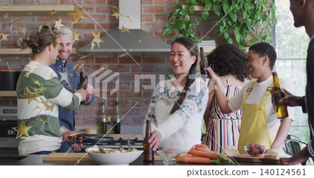 Smiling central woman reaching for beer bottle at kitchen island, wearing white fuzzy sweater braid Smiling central woman reaching for beer bottle at kitchen island, wearing white fuzzy sweater braid 140124561
