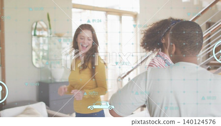 Laughing woman in mustard sweater gesturing with two friends in bright living room, HUD overlay Laughing woman in mustard sweater gesturing with two friends in bright living room, HUD overlay 140124576