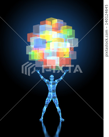 A robot holding a cube-shaped object upwards. A robot holding a cube-shaped object upwards. 140124645