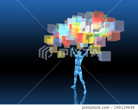 A robot holding a cube-shaped object upwards. A robot holding a cube-shaped object upwards. 140124646