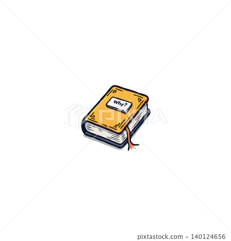 A stylized cartoon of a small book beckons, its pages closed but its message clear. Marked only with a 'why' question, it invites deep introspection and reflection on the purpose behind everything, A stylized cartoon of a small book beckons, its pages closed but its message clear. Marked only with a 'why' question, it invites deep introspection and reflection on the purpose behind everything, 140124656