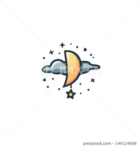 A charming illustration depicts a crescent moon gently resting on a fluffy cloud. A single star dangles sweetly from the moon, creating a tranquil and whimsical scene. Perfect for children's A charming illustration depicts a crescent moon gently resting on a fluffy cloud. A single star dangles sweetly from the moon, creating a tranquil and whimsical scene. Perfect for children's 140124686