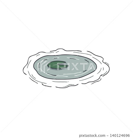 A minimalist illustration showcases a small pond. The still water reflects the serene sky above, with a single lily pad resting peacefully on its surface. This evokes feelings of tranquility and 140124696