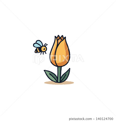 A charming illustration depicts a yellow tulip flower and a buzzing bee. The image captures the delicate beauty of nature, the vibrant colors and simplistic shapes exuding freshness and A charming illustration depicts a yellow tulip flower and a buzzing bee. The image captures the delicate beauty of nature, the vibrant colors and simplistic shapes exuding freshness and 140124700