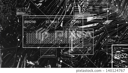 Displaying central white-outlined data panel centering on black backdrop, with grid, numbers, nodes Displaying central white-outlined data panel centering on black backdrop, with grid, numbers, nodes 140124767