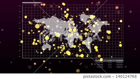 Showing dotted world map pulsing on framed panel, with grid, tick marks, golden bokeh, data table Showing dotted world map pulsing on framed panel, with grid, tick marks, golden bokeh, data table 140124768