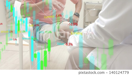 Examining doctor holding wrapped knee of seated man in clinic, red tee, white coat, watch, charts Examining doctor holding wrapped knee of seated man in clinic, red tee, white coat, watch, charts 140124779