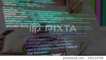 Reclining woman at center wearing light top viewing laptop in lounge, with phone and code overlay Reclining woman at center wearing light top viewing laptop in lounge, with phone and code overlay 140124796