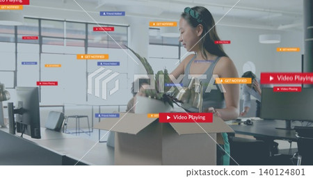 Unpacking woman in sleeveless top carrying plant and lamp from box at office, AR banners overlaying Unpacking woman in sleeveless top carrying plant and lamp from box at office, AR banners overlaying 140124801